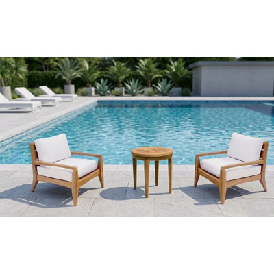 Ensemble de chaises longues en bois de teck 3 pièces Teakstation: 2 chaises longues et table d'appoint ronde avec coussins en tissu Sunbrella extérieur # 5404 naturel