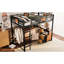 Lit mezzanine double en métal noir avec bureau intégré, rangements en tissu non tissé, structure robuste, échelles sécurisées dans les tiroirs, construction en acier pour un sommeil silencieux et facile à monter.