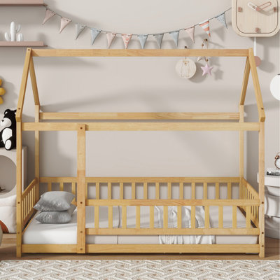 Lit en bois pour lit simple avec structure de toit, garde-corps de sécurité, naturel
