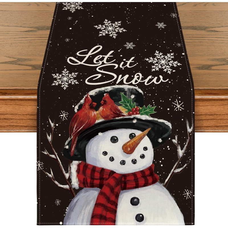 Black Snowman Snowflakes Winter Table Runner, Seasonal Christmas Holiday Kitchen Dining Table Decoration For Home Party Decor 13X72 Inch