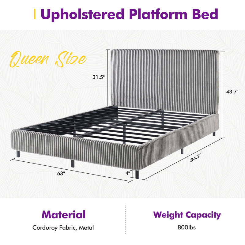 Queen Size Modern Upholstered Bed Frame with Vertical Corduroy Headboard,Gray, Queen, Gray
