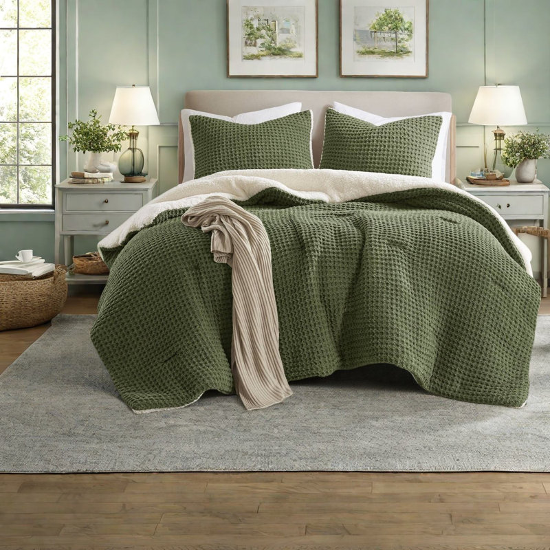Premium Chenille Bedding Sets, Olive Green Cozy Waffle Knit For Home