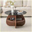Table basse à structure en croix avec plateau en verre trempé gris et rangement en forme de ventilateur en noyer pour le salon, petits espaces