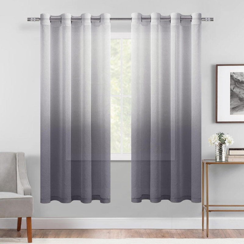 2 Panels Ombre Sheer Curtains - Faux Linen Gradient Semi Voile Grommet Top Drapes for Bedroom and Living Room Decor, Gray