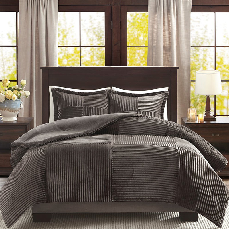 Édredon grand en duvet synthétique, style et conception à nervures sur le devant, confort à l'arrière uni, 2 taies décoratives, lavable à la machine, rembourrage double gris / double, texture, envers, 1