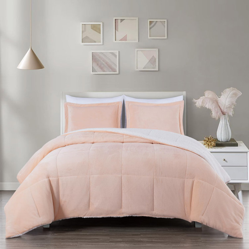 3-Piece Micromink And Sherpa Reversible Comforter Set, King Comforter + 2 King Shams, Blush