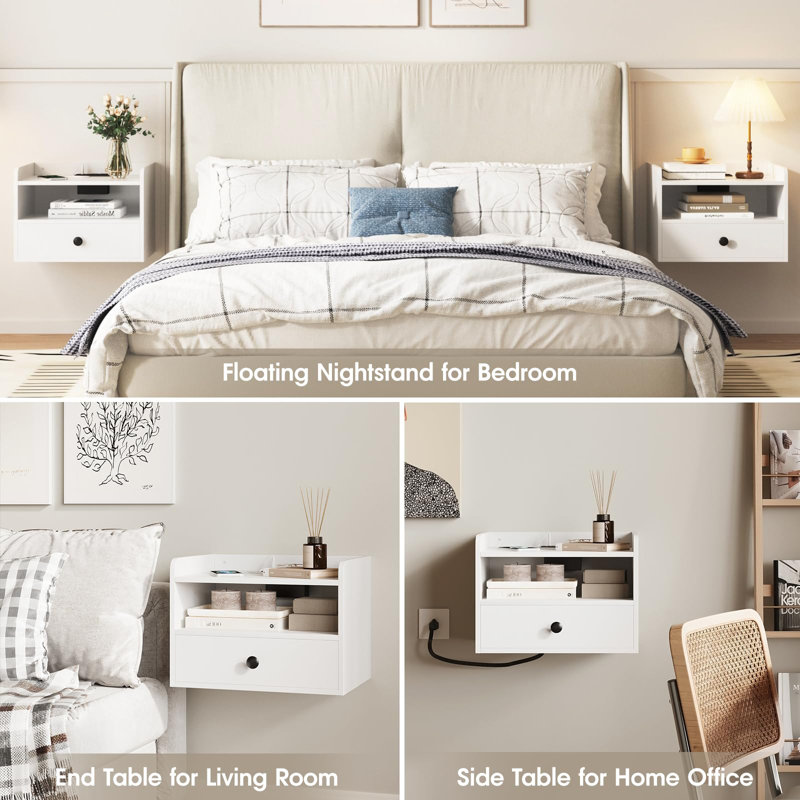 White Wood Floating Nightstand Set with Drawer and Shelf
