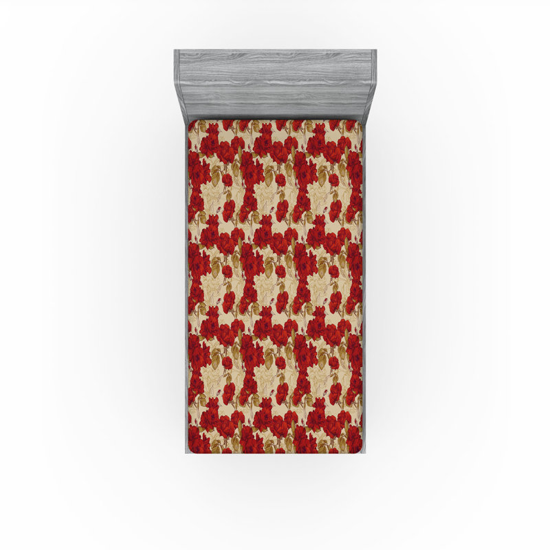 Drap-housse Ambesonne, paquet de 2, Drap-housse de taille simple, Rouge / kaki / floral brun sable
