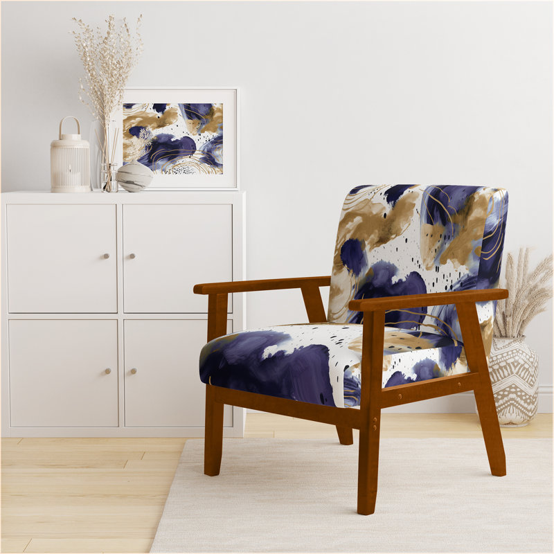 Fauteuil rembourré en velours moderne à motif abstrait avec textures bleues et dorées II, Mauve / beige / blanc / or, Brun