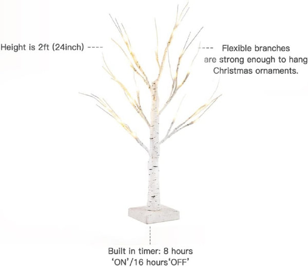 YEAHOME 2FT/24” Birch Tree Light with 24LT Warm White LEDs Battery Powered  Timer for Christmas Decorations Indoor, Money Trees for Xmas Winter Wedding  Desk Table Mantel Home Decor