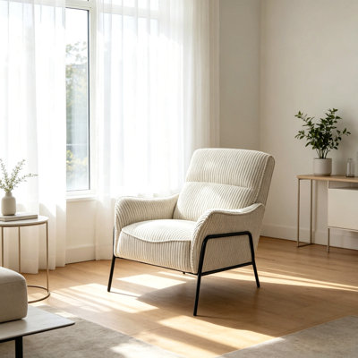 Chaise d'appoint moderne en tissu rayé, fauteuil simple rembourré avec structure en métal noir, chaise longue rembourrée confortable, chaise d'appoint de lecture pour le bureau de la chambre à coucher, fauteuil de loisirs texturé gris crème