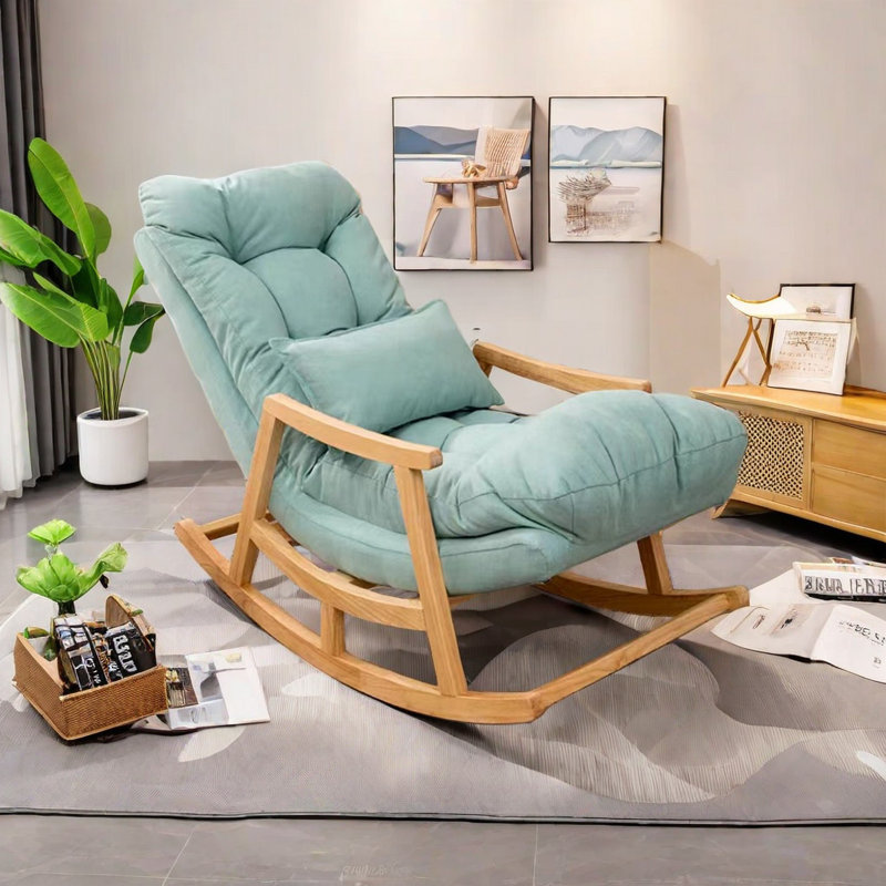 Chaise berçante en bois massif Cloud, Bleu sarcelle