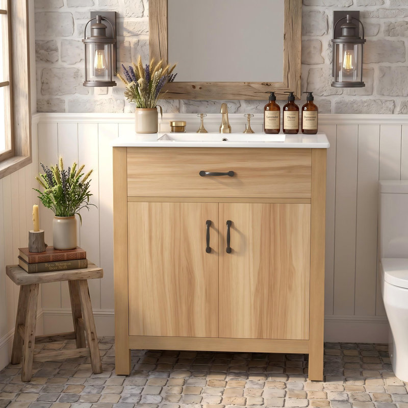 Meuble-lavabo en bois 30 po avec cadre en bois massif et 1 tiroir rabattable