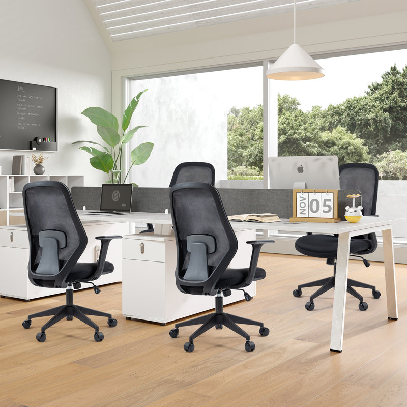Fauteuil ergonomique pivotant à dossier moyen avec support lombaire réglable et fonction d'inclinaison, Noir / Noir