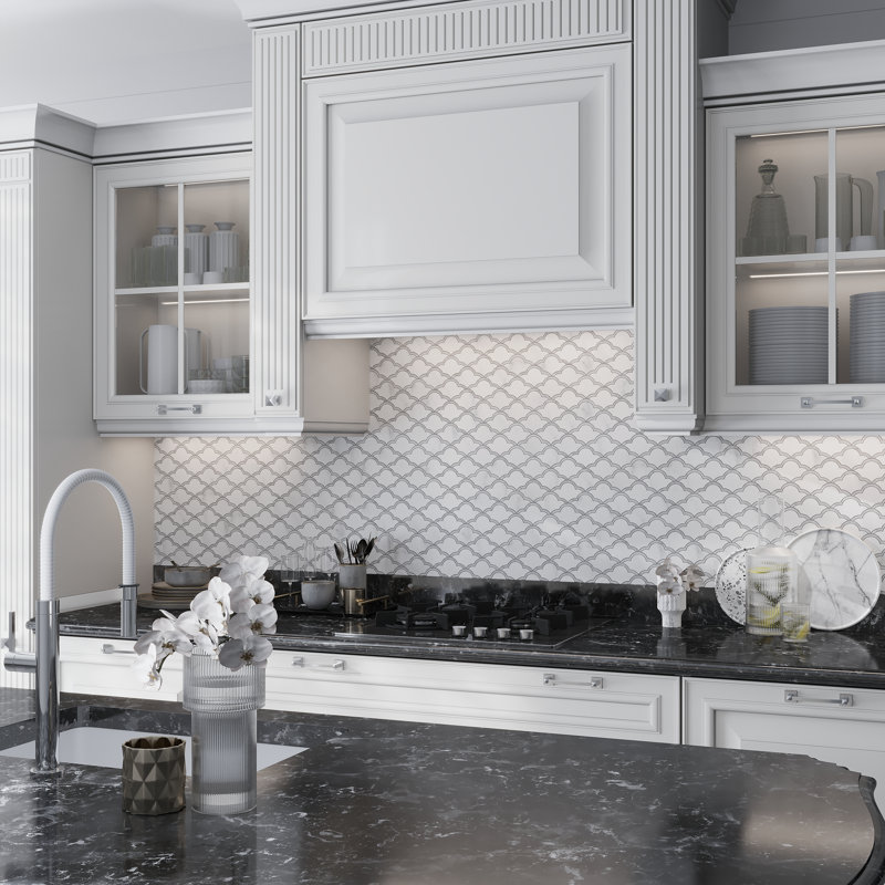 Ventilateur en mosaïque en marbre poli et carreaux festonnés 9 x 10 Bianco Carrara Elysian (paquet de 3,06 pieds carrés / boîte) - paquet de 5