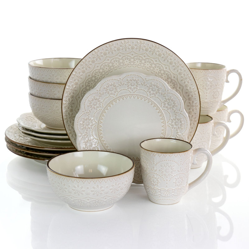 Ivory Embossed Ceramic 16-Piece Dinnerware Set with Scalloped Edges