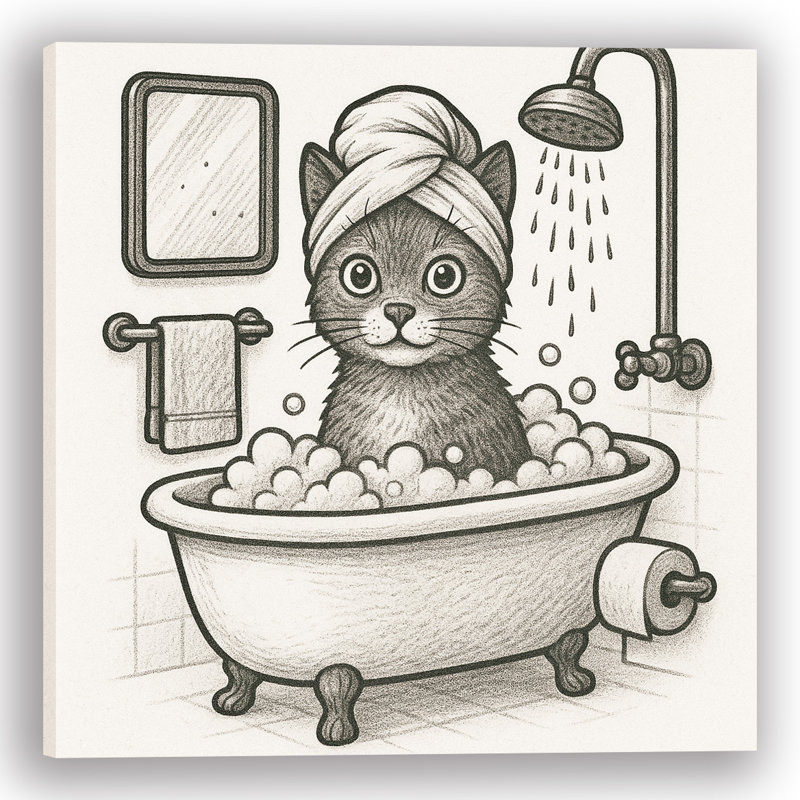 «So poser les moustaches» - Chat dans un bain moussant, art mural sur toile