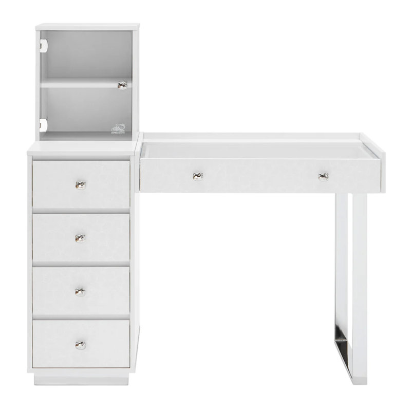 Hello Kitty SlayStation Duet Vanity Desk with Two Levels of Interior Shelves, Makeup Vanity Table with Glass Top, White