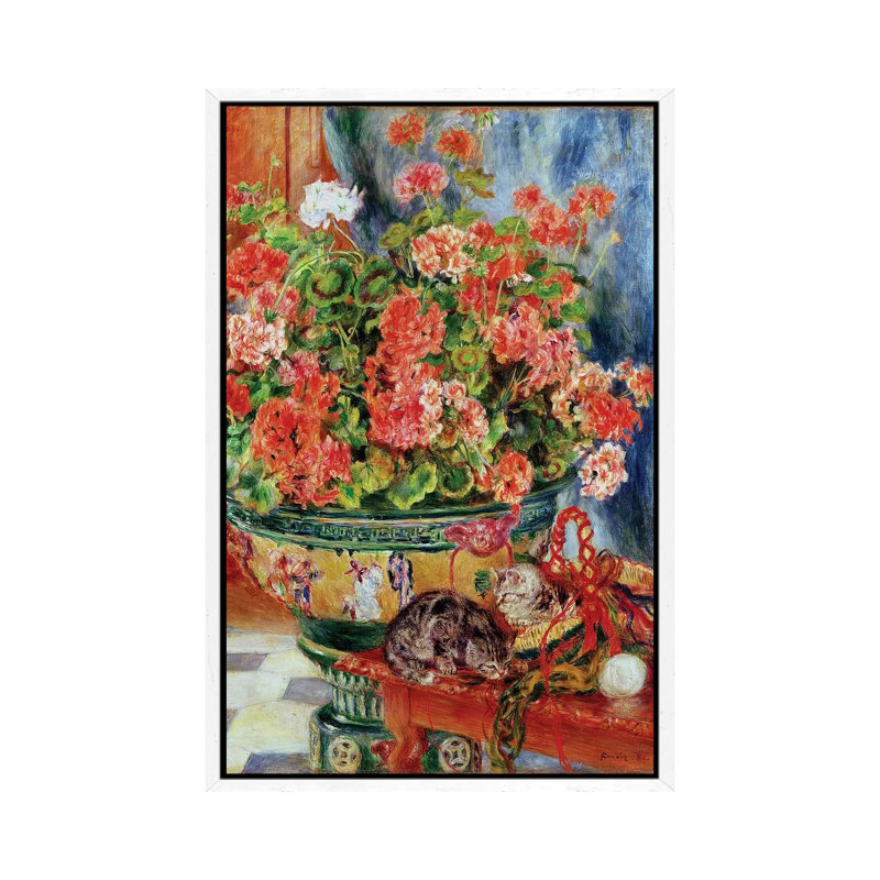 Geraniums And Cats, 1881 by Pierre-Auguste Renoir - Painting on Canvas, 66.04cm H x 45.72cm W x 3.81cm D, White Framed