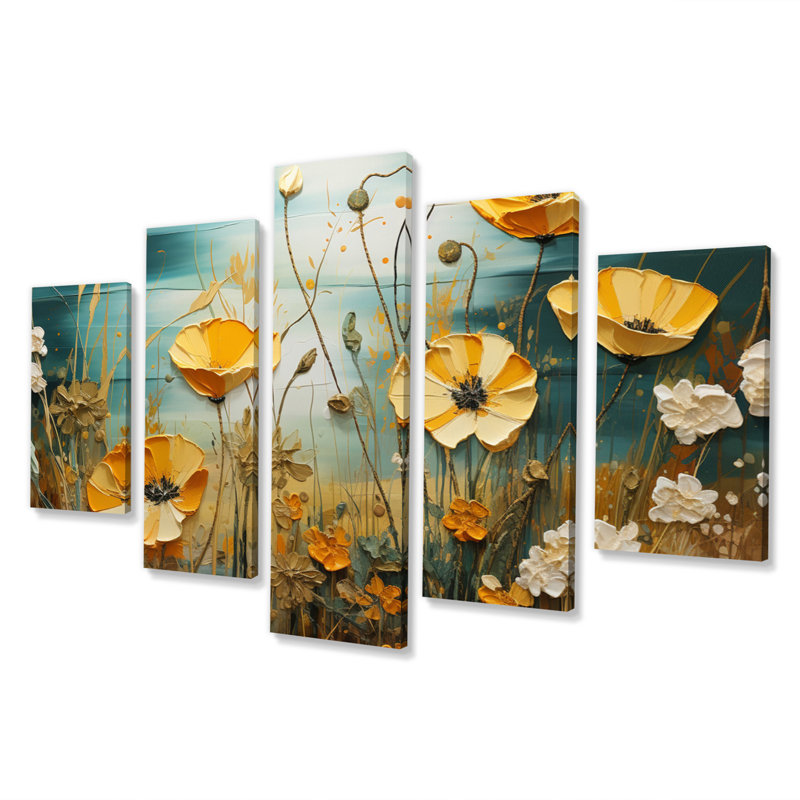 «Yellow Buttercups», lueur dorée, patchwork I sur toile, 5 pièces