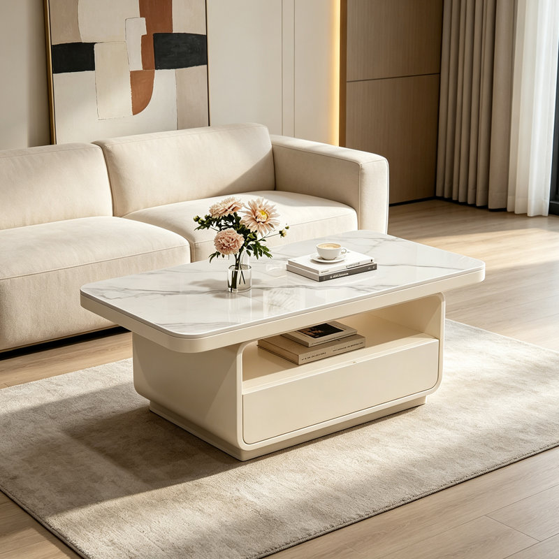 Table basse créative légère et luxueuse avec rangements multiples, H 17,71 po x l 47,24 po x P 23,62 po, Gris / crème