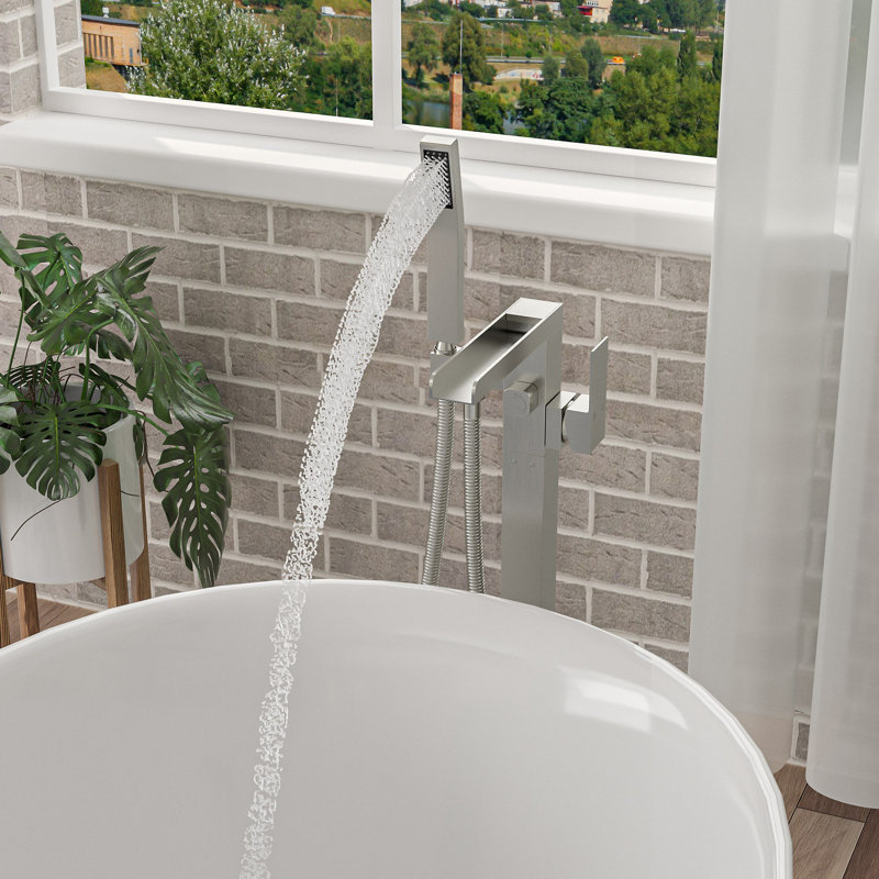 Freestanding Bathtub Faucet Waterfall Tub Filler Floor Mount Brass Bathroom Faucets With Hand Shower, Brushed Nickel