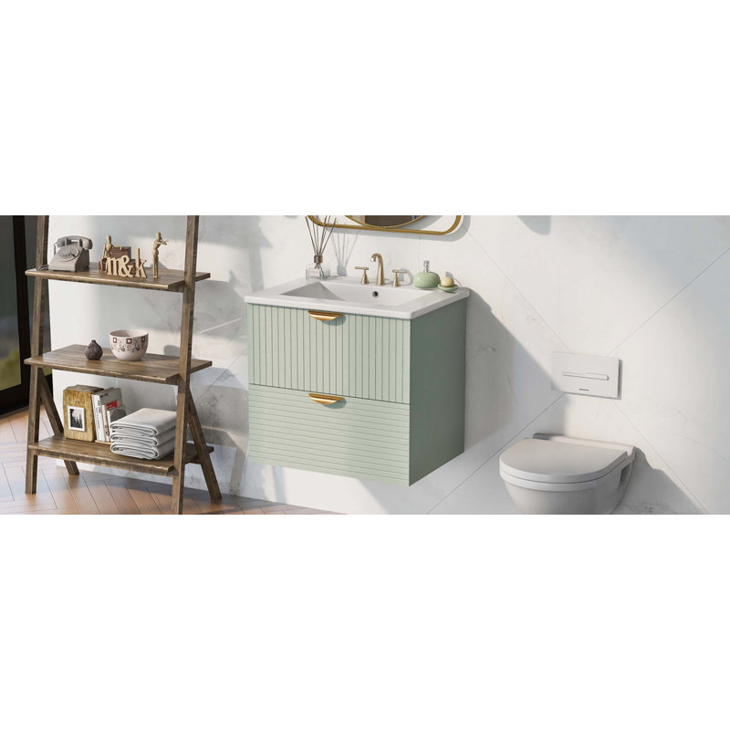 Green and White Wall-Mounted Single Bathroom Vanity with Gold Handles
