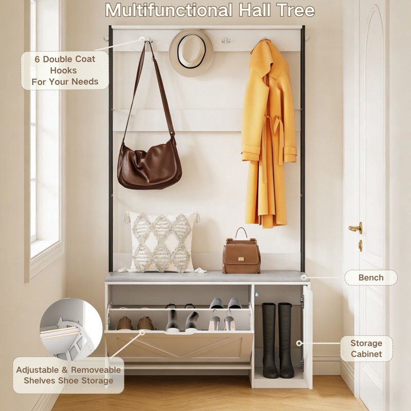 38.58"W Entryway Hall Tree with Bench, Shoe Storage Cabinet & Hooks, Coat Rack Organizer, White/Gray