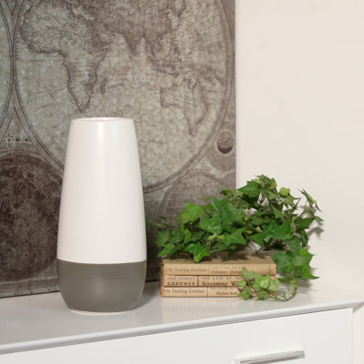 Stoneware Cylinder Vase with Tapered Bottom on Grey Banded Rim Base LG Matte Finish White