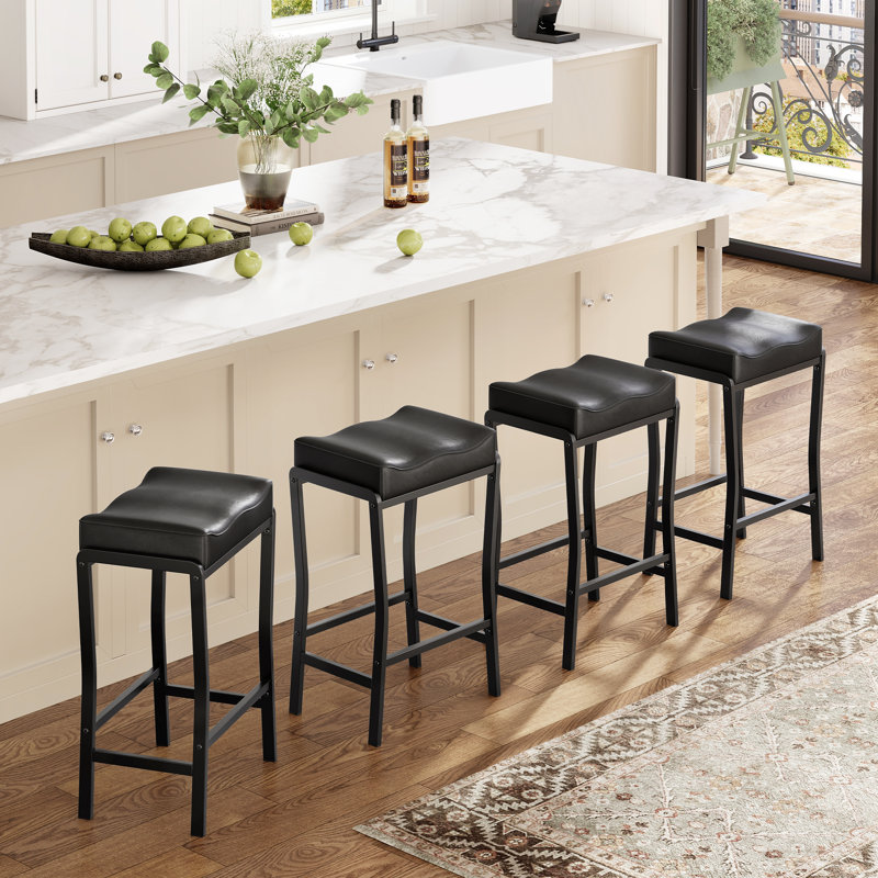 Set of 4 Counter Height Bar Stools - Modern Saddle Stools with Thick Faux Leather Seat, Sturdy Metal Frame & Footrest for Kitchen Island, Dining Room, Black