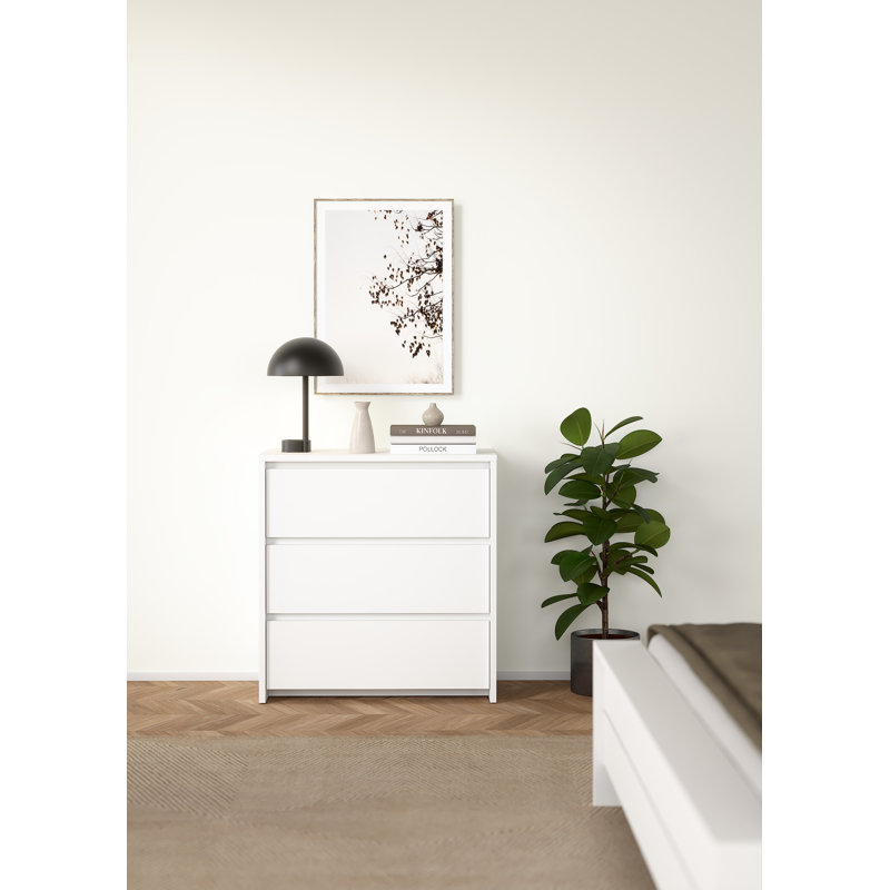 Commode 3 tiroirs Amily, Hickory Jackson / blanc ultrabrillant