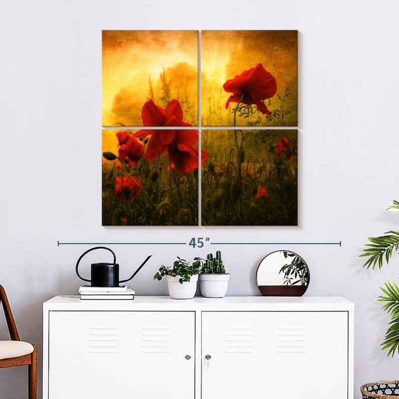 Coquelicots rouges Harnek au coucher du soleil, H 32 po x l 32 po