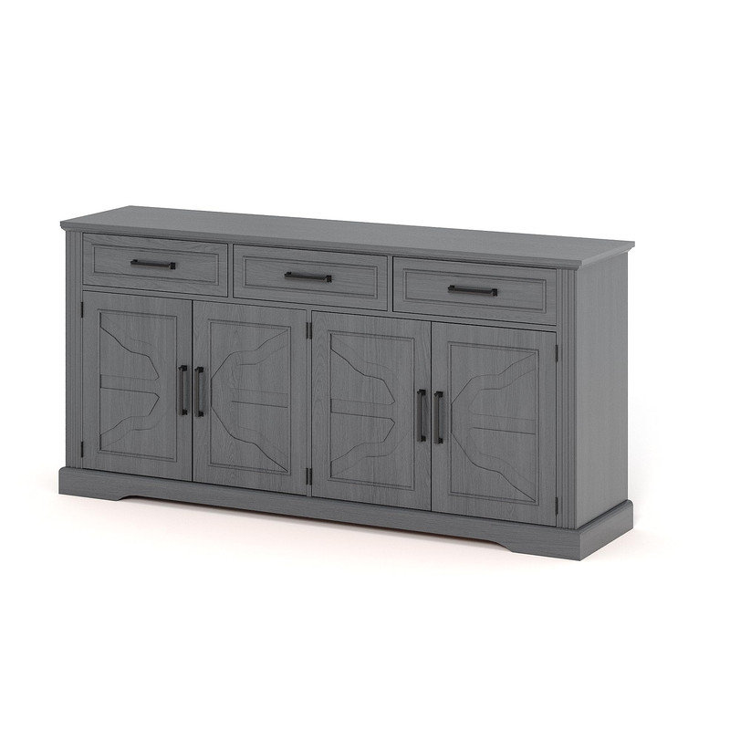 Buffet 66 po Modern Farmhouse, 3 tiroirs en relief et 4 portes, grand rangement pour café, salle à manger et salon, Gray