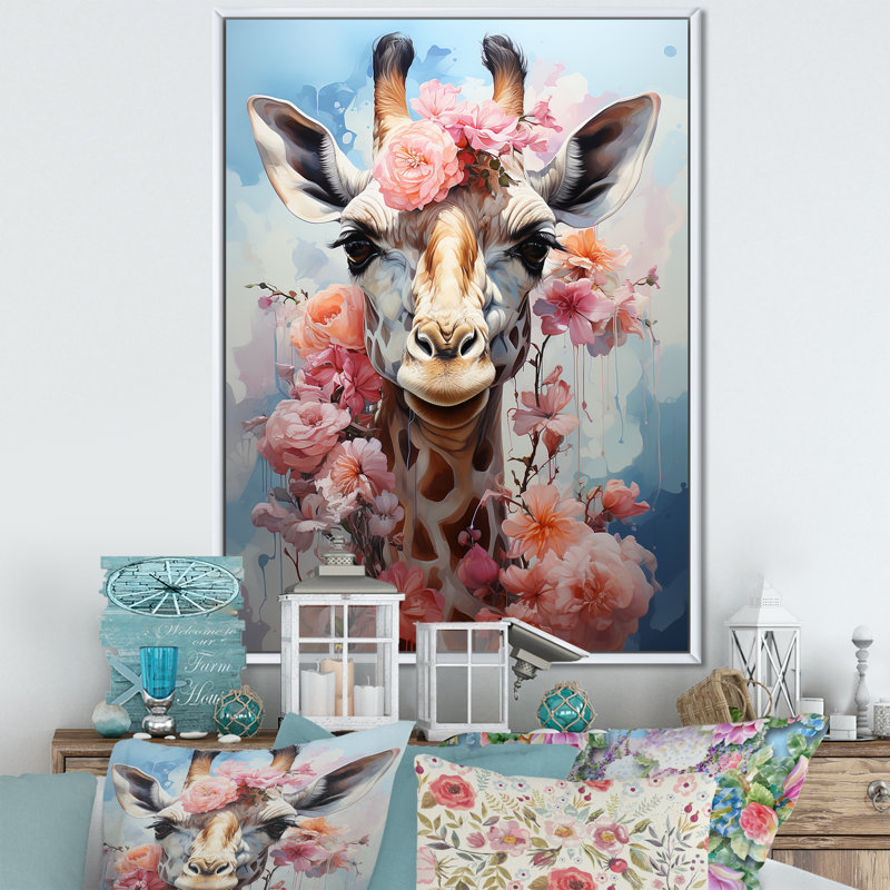 Adorable mignonne rose girafe, portrait II - Girafe, reproduction d'art sur toile, Cadre flottant blanc