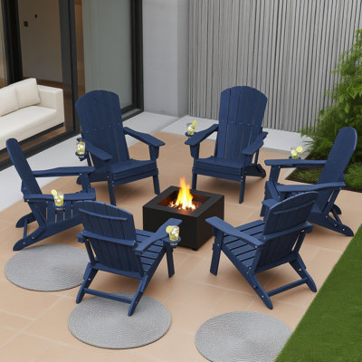 6-Piece Folding Adirondack Chair Set – All-Weather HDPE Outdoor Lounge Chairs with Cup Holders, Classic Firepit Seating for Patio, Backyard, Deck, or Garden