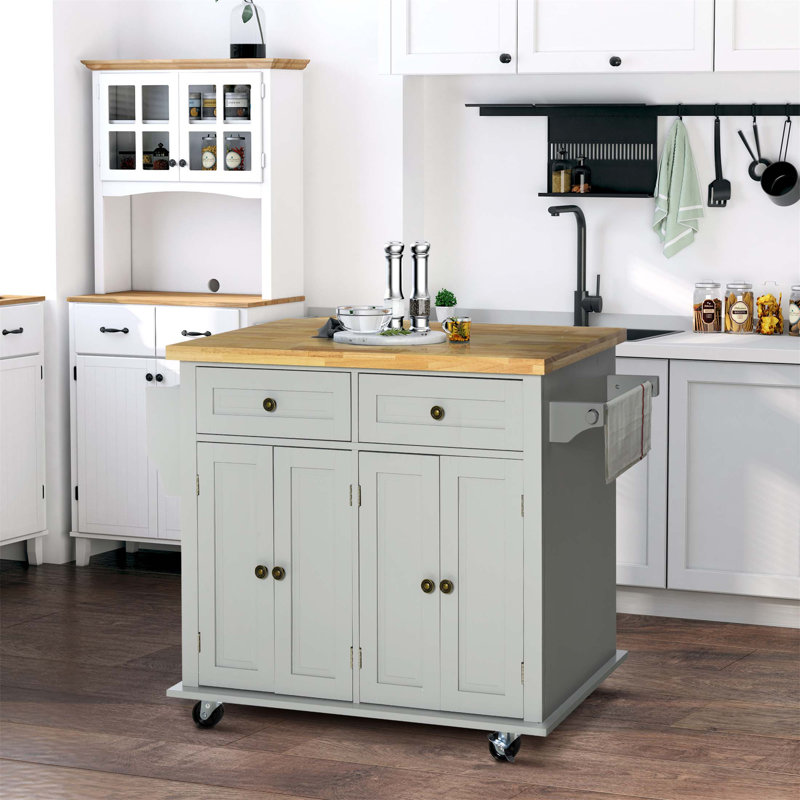 Kitchen Island On Wheels With Rubberwood Top, Spice Rack, Towel Rack, And Drawers For Organized Dining, Gray