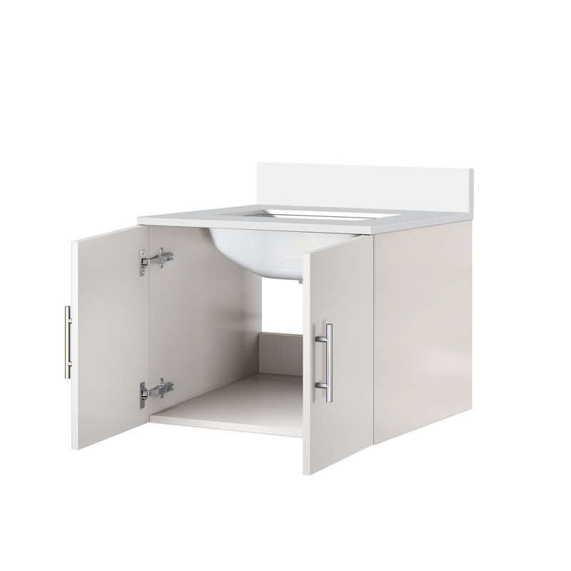 Meuble-lavabo blanc lustré 24 po X P 22 po D, avec plateau en quartz blanc