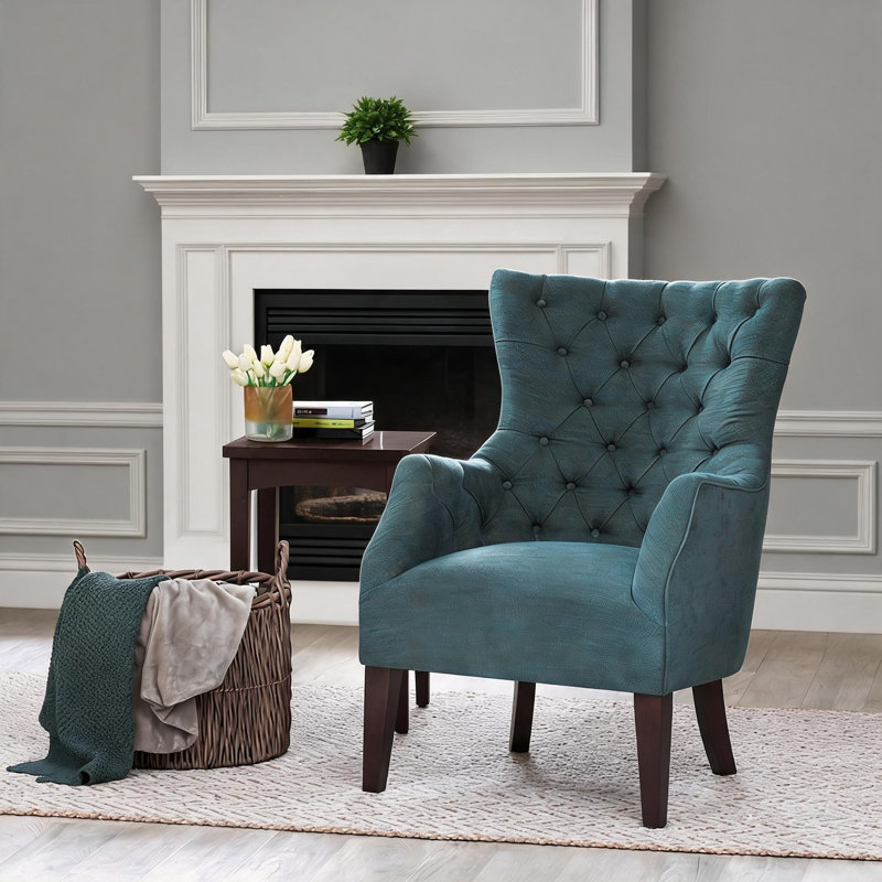 Sièges d'appoint de salon: fauteuil à oreilles capitonné en bois massif à finition verte, Vert