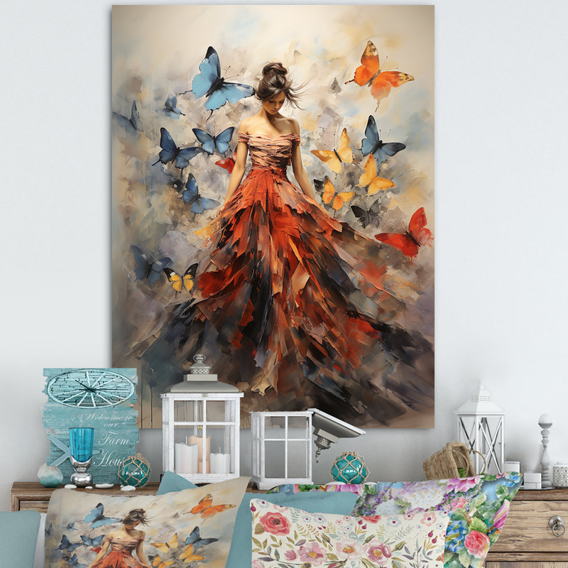 Papillon et femme dansant I - art mural papillon, H 40 po x l 30 po, Toile tendue, Sans cadre