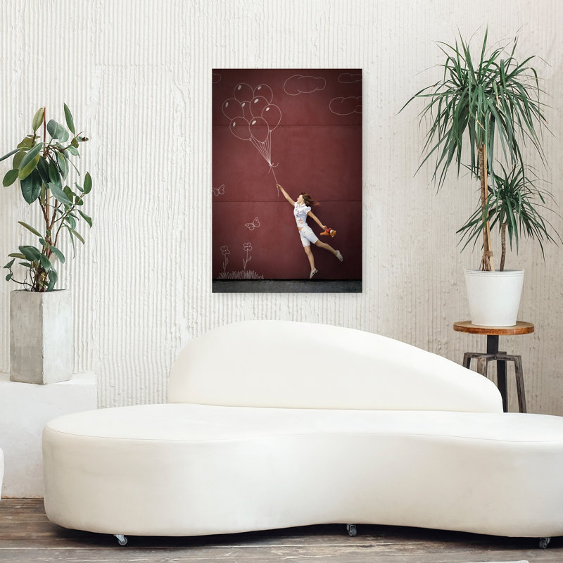 «Girl's Whimsical Flight Dreamy Playful Whimsical Butterfly Bear Landscape», reproduction d'art murale, H 36 po x l 24 po
