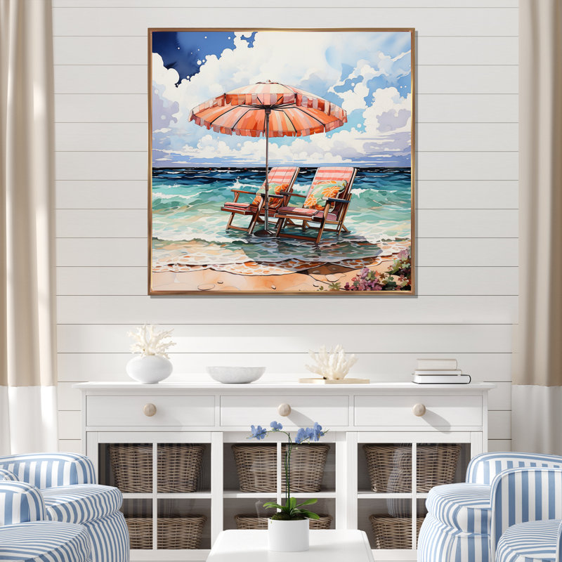 «Beach Chairs Dream III», reproductions d'art mural nautique et plage, Cadre flottant doré, H 36 po x l 36 po x P 1,5 po