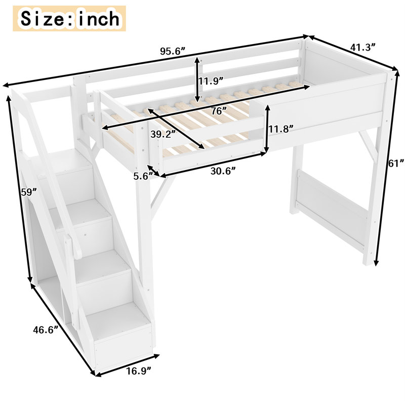 Twin Solid Wood Loft Bed with Built-in Wardrobe, Storage Shelves, Full-Length Guardrails & Stairs, White, Twin, White