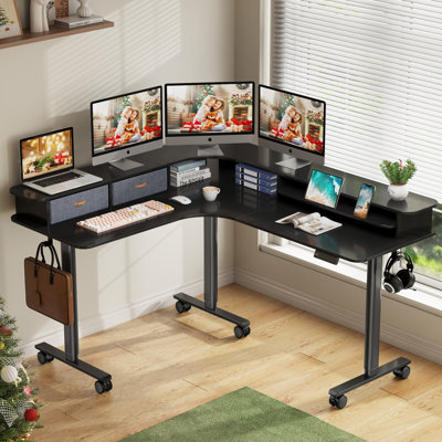 63"W Corner Standing Desk Adjustable Height Electric L Shaped Standing Desk With Drawers Gamers