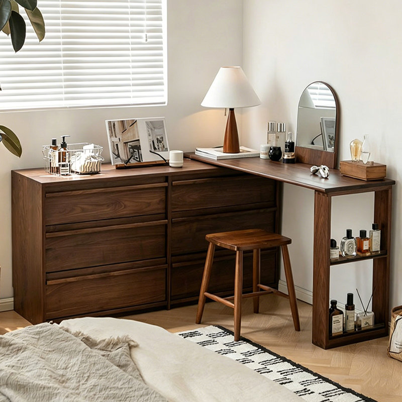 86.61"Simple solid wood chest of drawers and dressing table in one piece, H 29,53 po x l 102,36 po x P 16,54 po