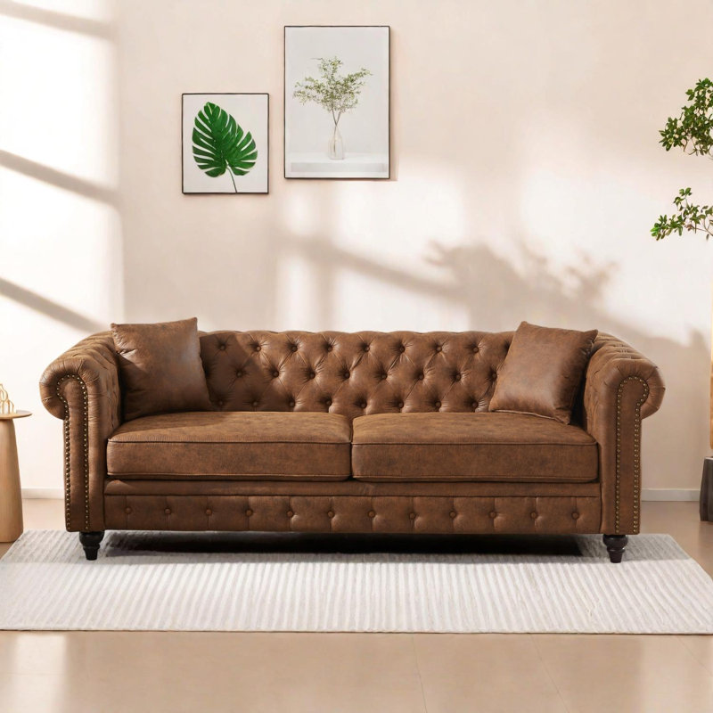 Living Room Chesterfield Sofa with Rolled Arms, Brown