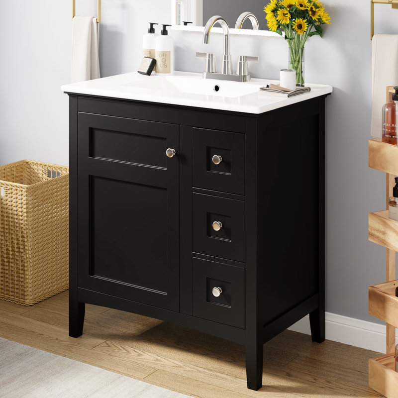 Meuble-lavabo 30 po en céramique - meuble-lavabo à vin 3 pièces noir moderne avec teinture, Noir