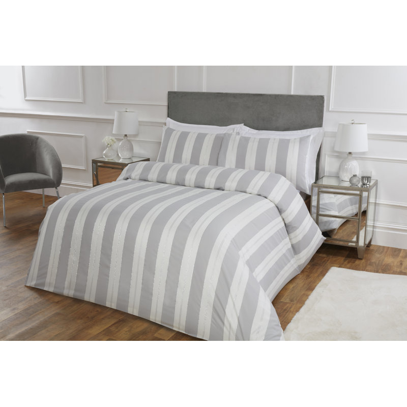 Wall Cotton Blend, Polyester Striped Duvet Cover Set with Pillowcases, Single - 1 Standard Pillowcase, White/Silver