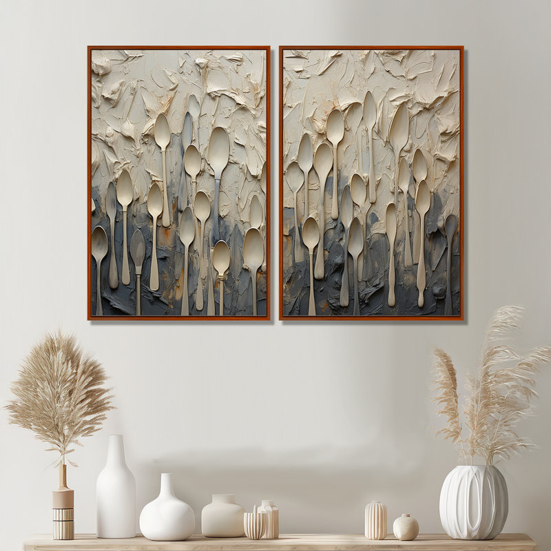 Ustensiles beiges et gris - Ustensiles de grande taille, 36" H x 48" W, Impression encadrée flottante, Brown