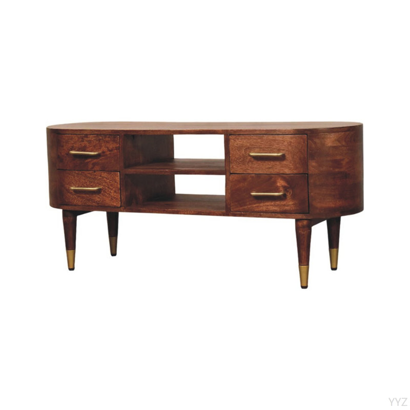 Console média en bois massif Jetson Curve, brun avec 4 tiroirs, 2 tablettes