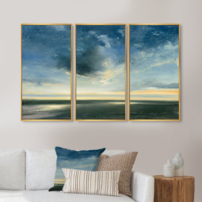 «Blue Coastal Sunrise», ensemble d'art mural sur toile encadré traditionnel de 3